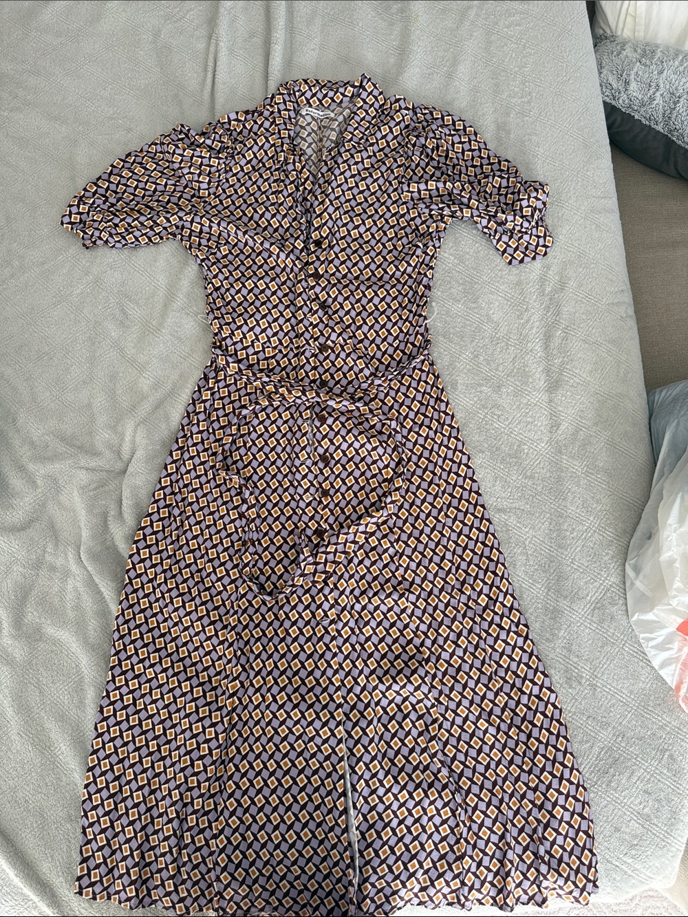 Reformation Purple Geometric Midi Shirt Dress with Belt